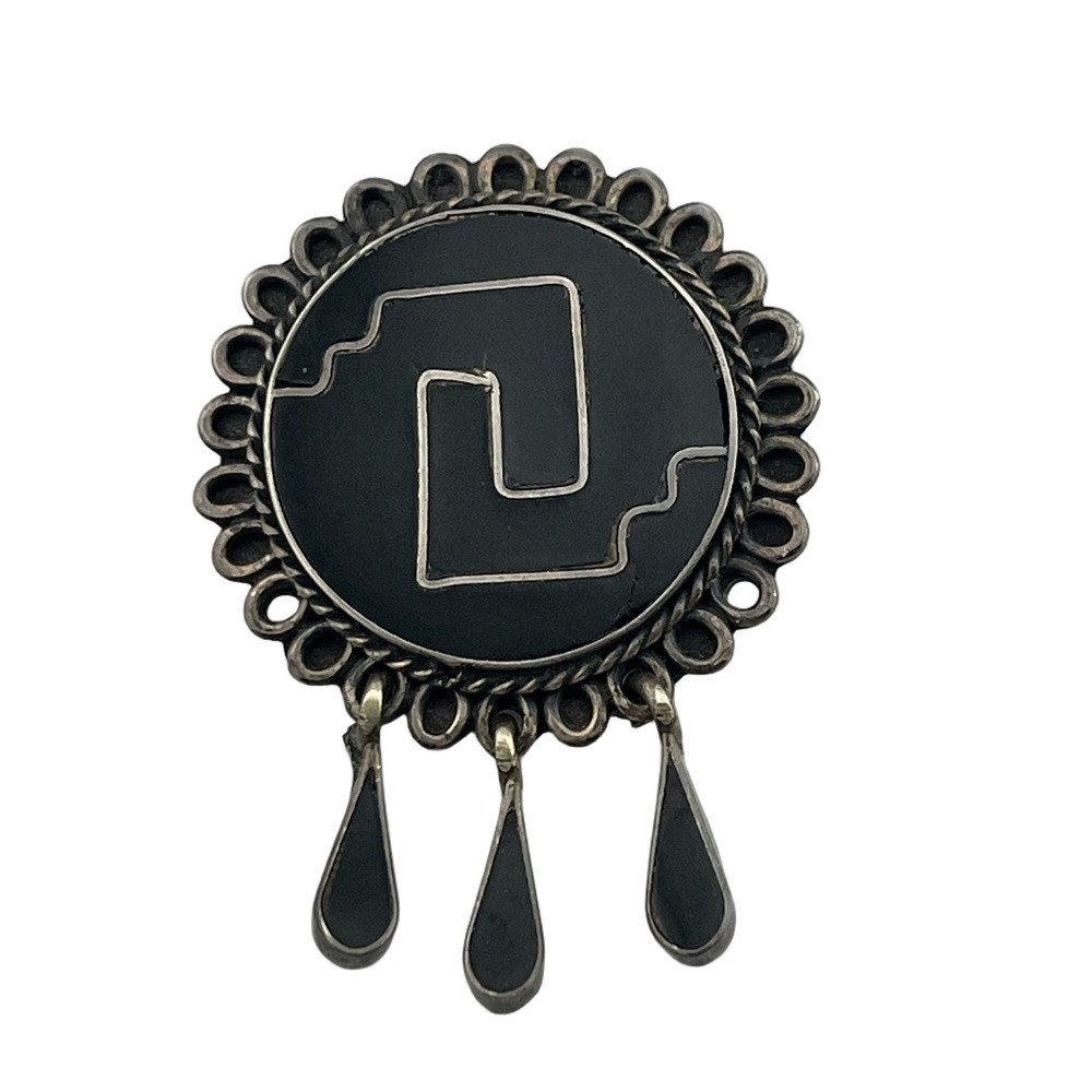 Taxco Silver 925 Black Onyx Mosaic Circle Pin Pendant Neckless Dangling 1.5"